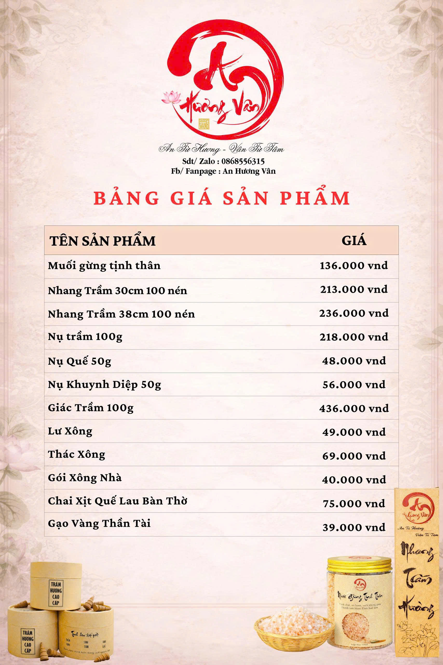Bảng giá sản phẩm An Hương Vân